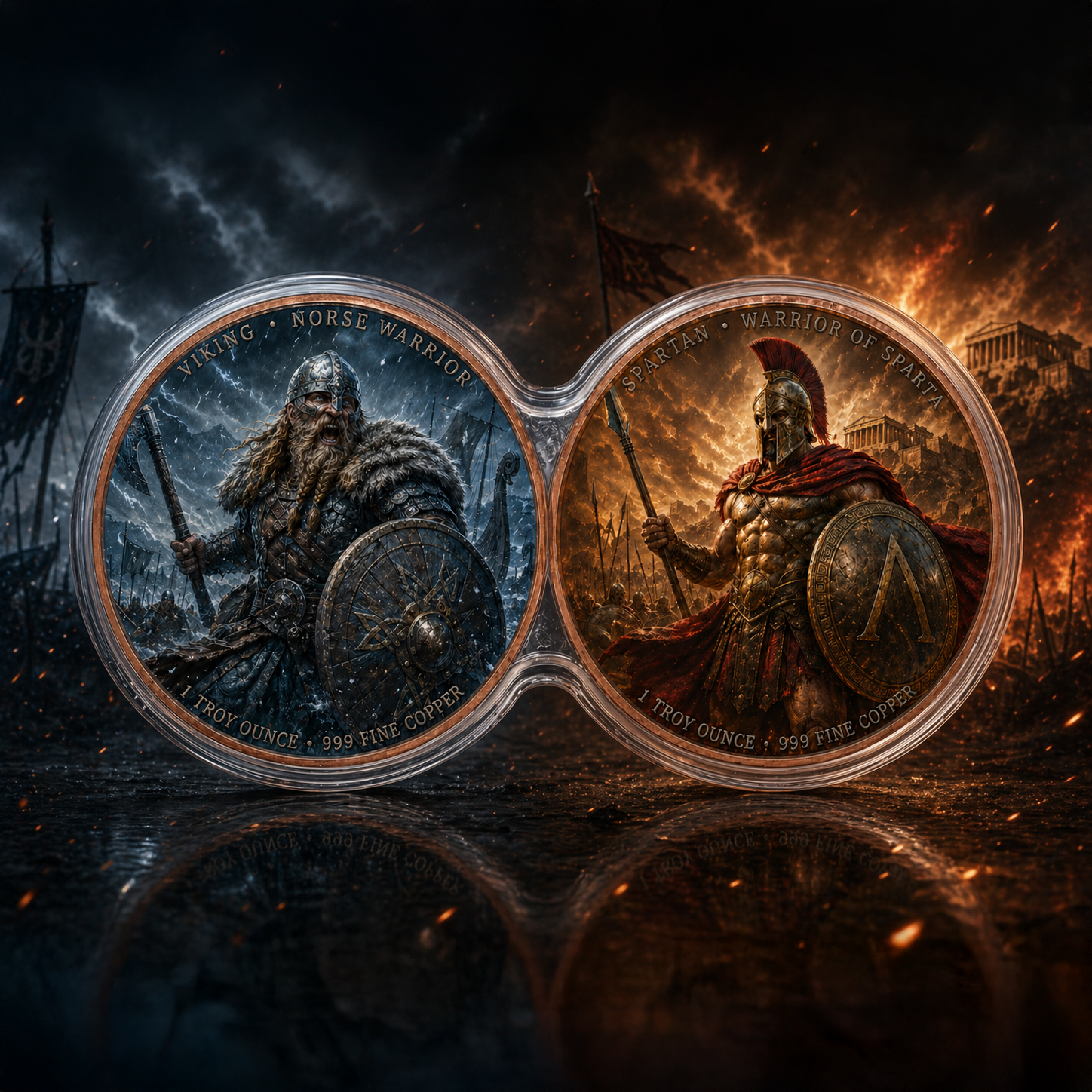 Viking vs Spartan Infinity Copper Coin Pair | 2 x 1 Troy Ounce .999 Fine Copper + Display Capsule
