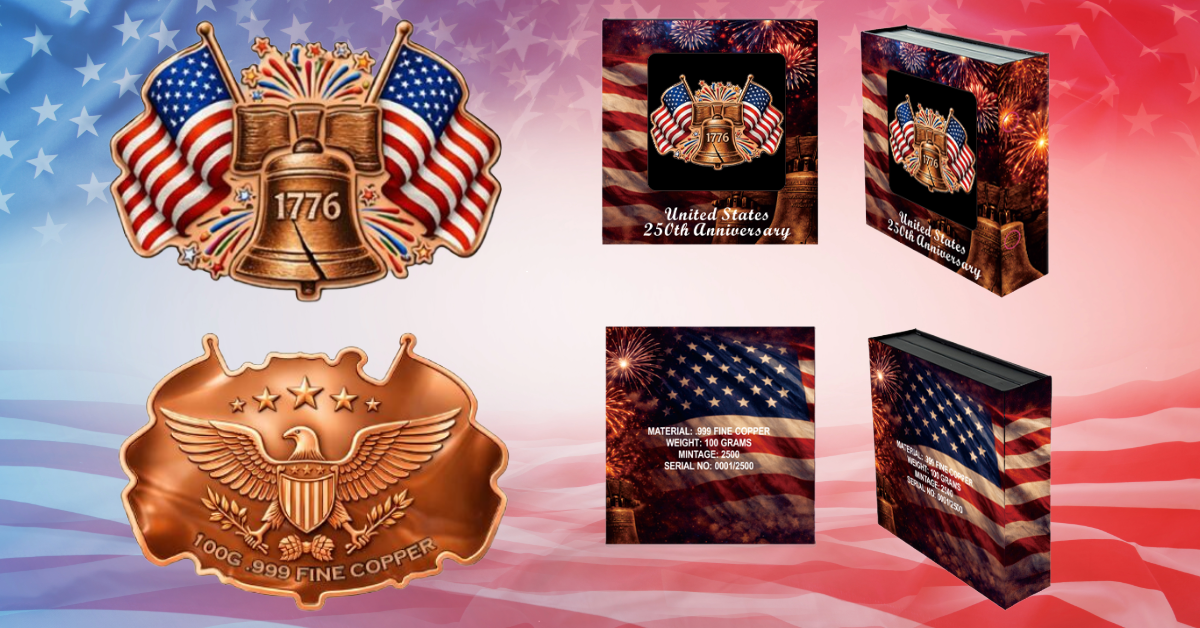 100 Gram Spirit of United States Colorized Copper .999 bar in Display Box PRESALE