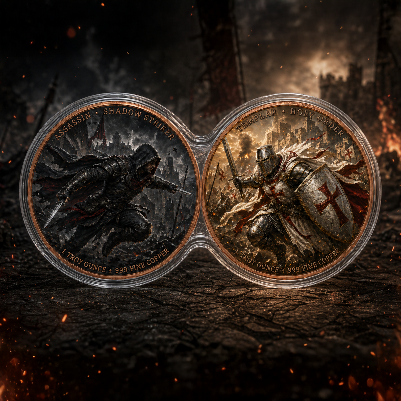 Assassin vs Templar Infinity Copper Coin Pair | 2 x 1 Troy Ounce .999 Fine Copper with Infinity Display Capsule